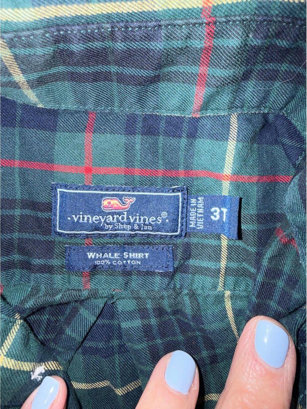 VINEYARD VINES Boys SZ 3T Blue/Green Plaid Long Sleeve Button Down Whale Shirt - Picture 3 of 6